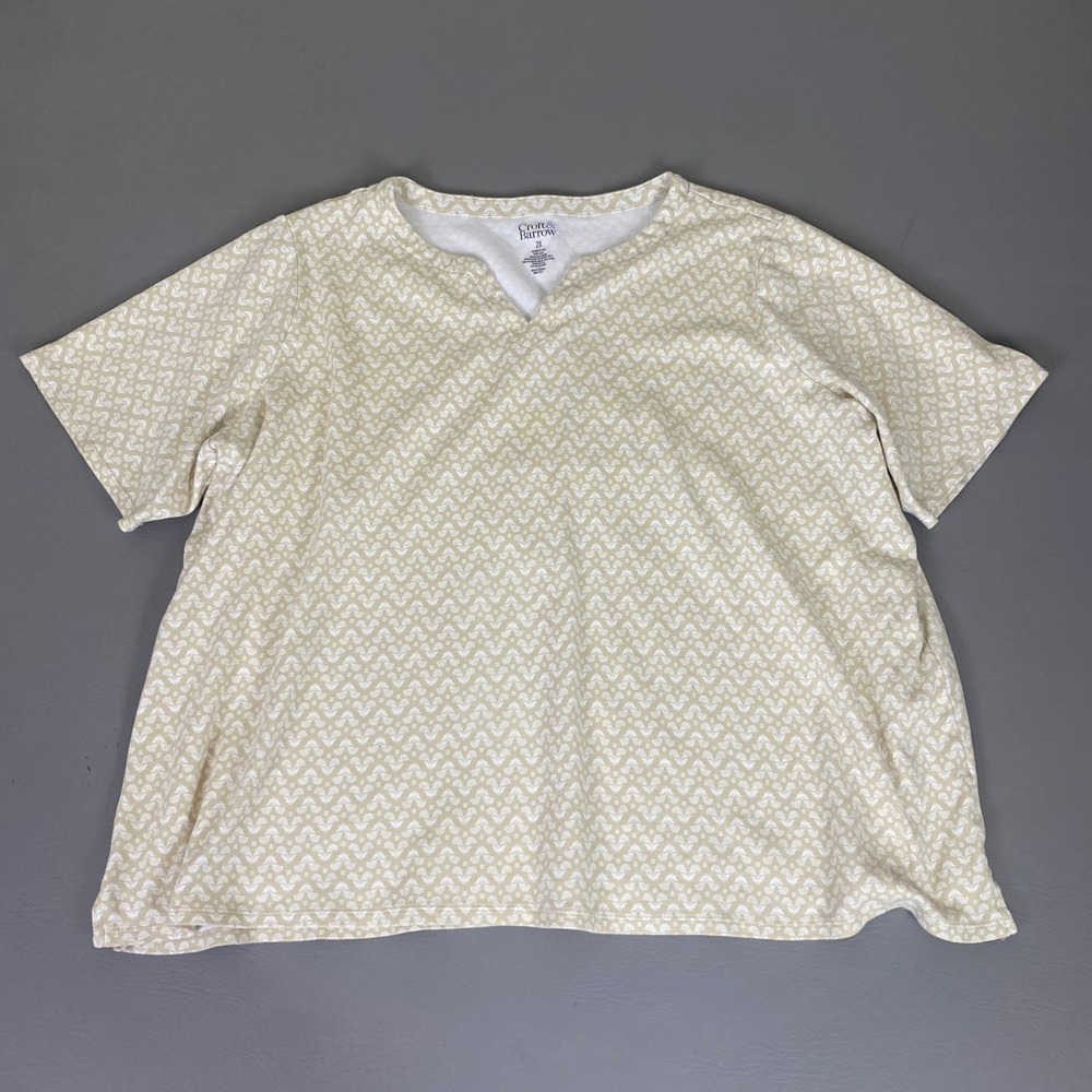 Croft & Barrow T-Shirt Top Women's Plus 2X Split V-Neck Short Sleeve Beige White